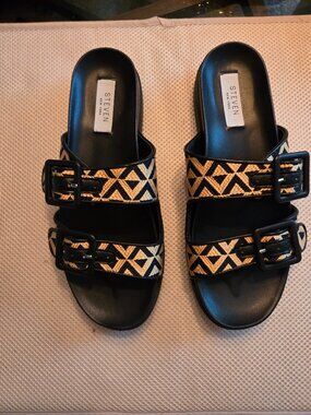 Steven New York, 7.5 double strap slide with tan & black braid straps, new